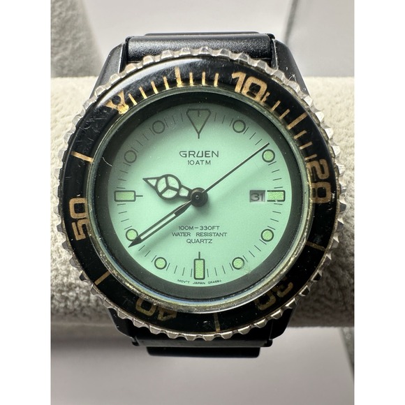 Gruen Accessories - Gruen GR4684 Green Dial‎ New Battery 34MM 8.25" Black Rubber Band Rare Diver C42